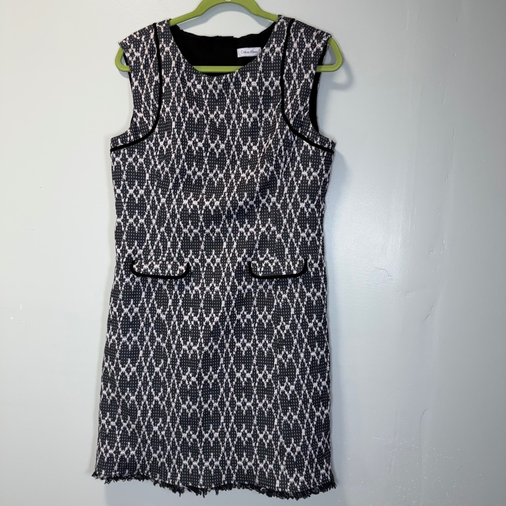 Calvin Klein Womens Black White Geometric Sleeveless Shift Dress Fringe Hem 12
